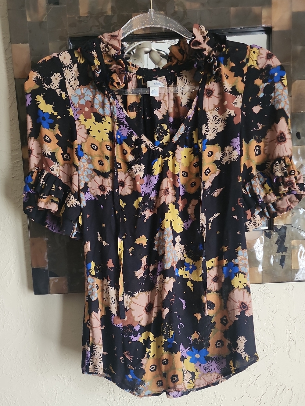 Odille Black Floral Ruffle Sleeve V-Neck Top